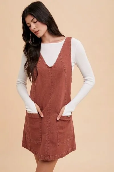 Annie Wear V-Neck Adjustable Strap Denim Overall Dress with Pockets sold by The Barefoot Brunette Boutique