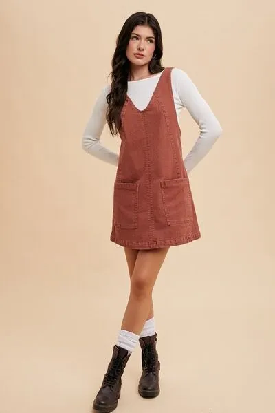 Annie Wear V-Neck Adjustable Strap Denim Overall Dress with Pockets sold by The Barefoot Brunette Boutique product image thumbnail 5