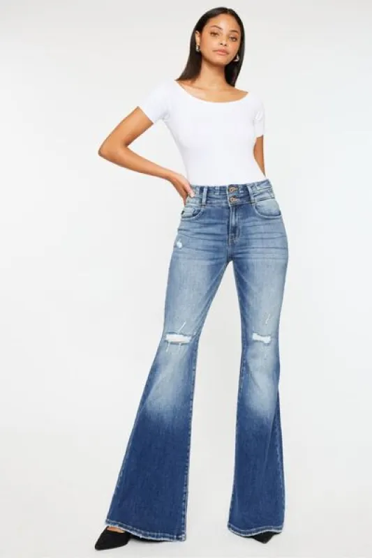 Kancan High Rise Wide Waistband Flare Jeans sold by The Barefoot Brunette Boutique