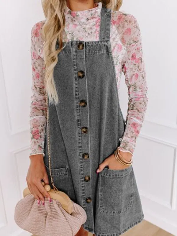 Wide Strap Button Down Denim Overall Dress sold by The Barefoot Brunette Boutique