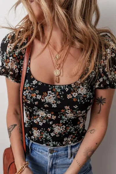 Printed Scoop Neck Short Sleeve Bodysuit sold by The Barefoot Brunette Boutique