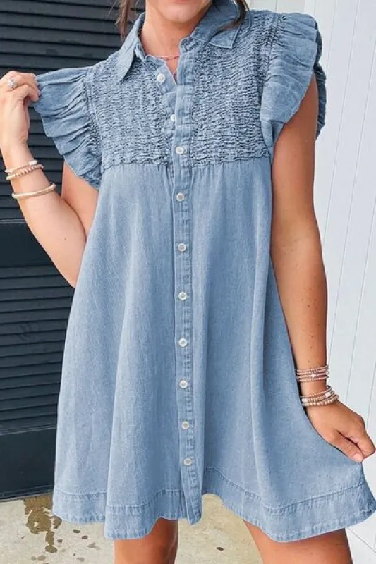 Smocked Collared Neck Cap Sleeve Denim Dress sold by The Barefoot Brunette Boutique