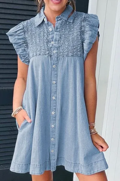 Smocked Collared Neck Cap Sleeve Denim Dress sold by The Barefoot Brunette Boutique product image thumbnail 2