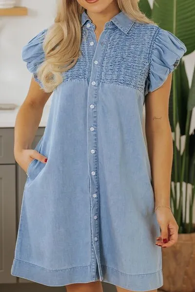 Smocked Collared Neck Cap Sleeve Denim Dress sold by The Barefoot Brunette Boutique product image thumbnail 3