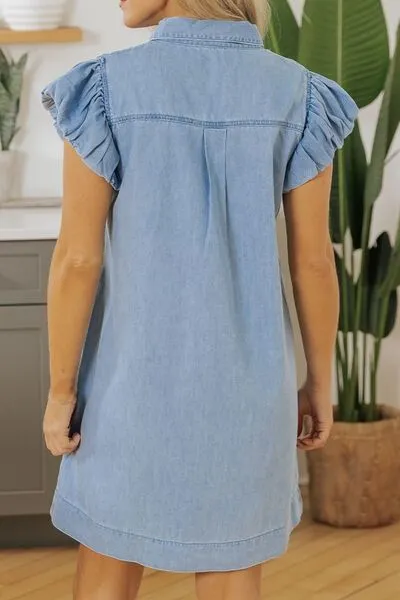 Smocked Collared Neck Cap Sleeve Denim Dress sold by The Barefoot Brunette Boutique product image thumbnail 4