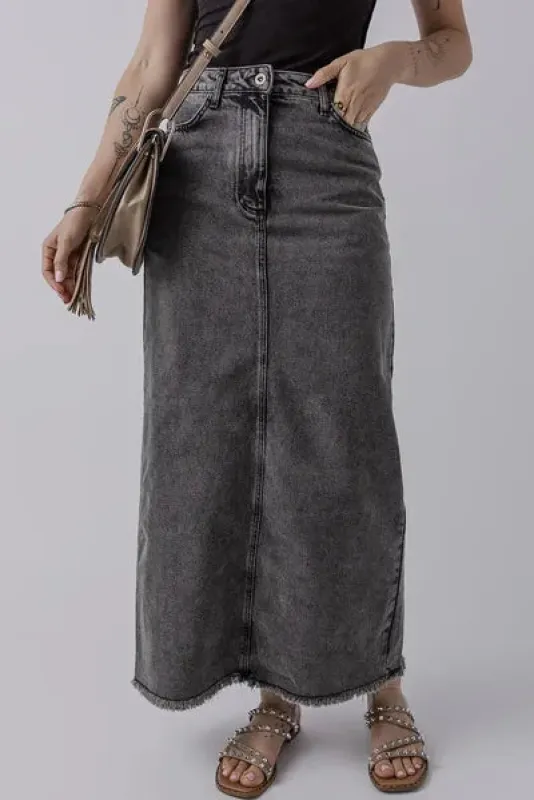 Raw Hem Midi Denim Skirt with Pockets sold by The Barefoot Brunette Boutique