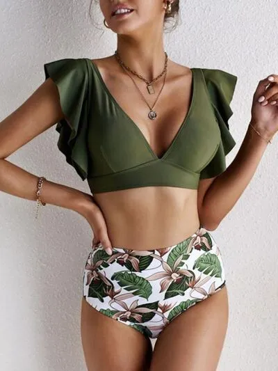 Ruffled Printed V-Neck Two-Piece Swim Set sold by The Barefoot Brunette Boutique