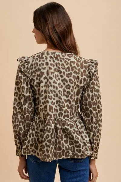 Annie Wear Tied Leopard Round Neck Peplum Blouse sold by The Barefoot Brunette Boutique product image thumbnail 2