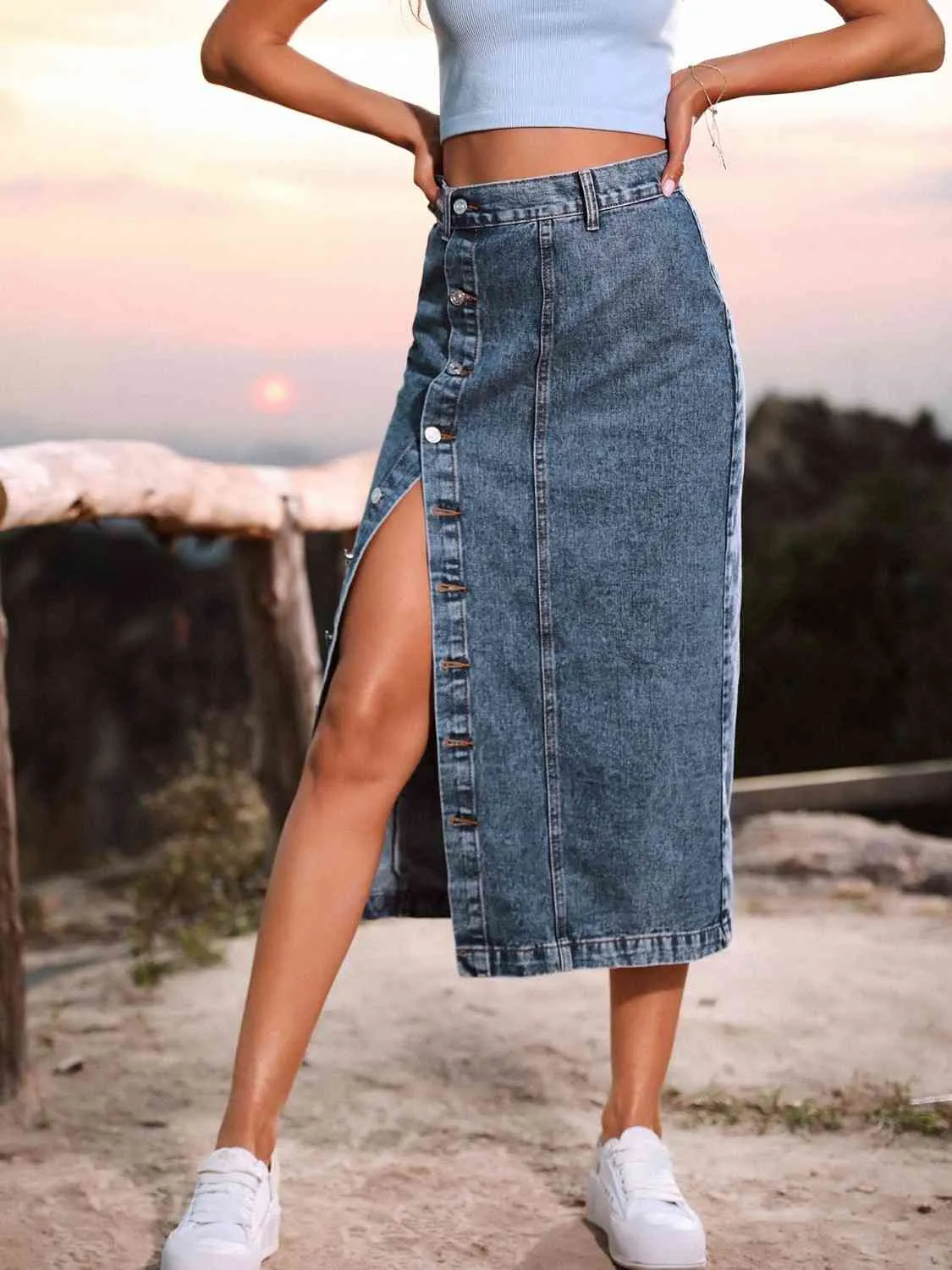 Button Down Denim Skirt sold by The Barefoot Brunette Boutique product image thumbnail 5