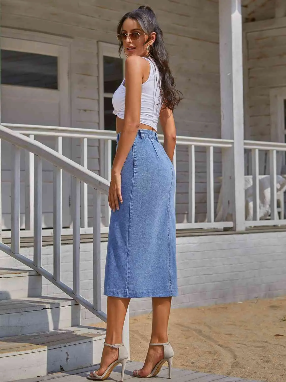 Button Down Denim Skirt sold by The Barefoot Brunette Boutique product image thumbnail 2