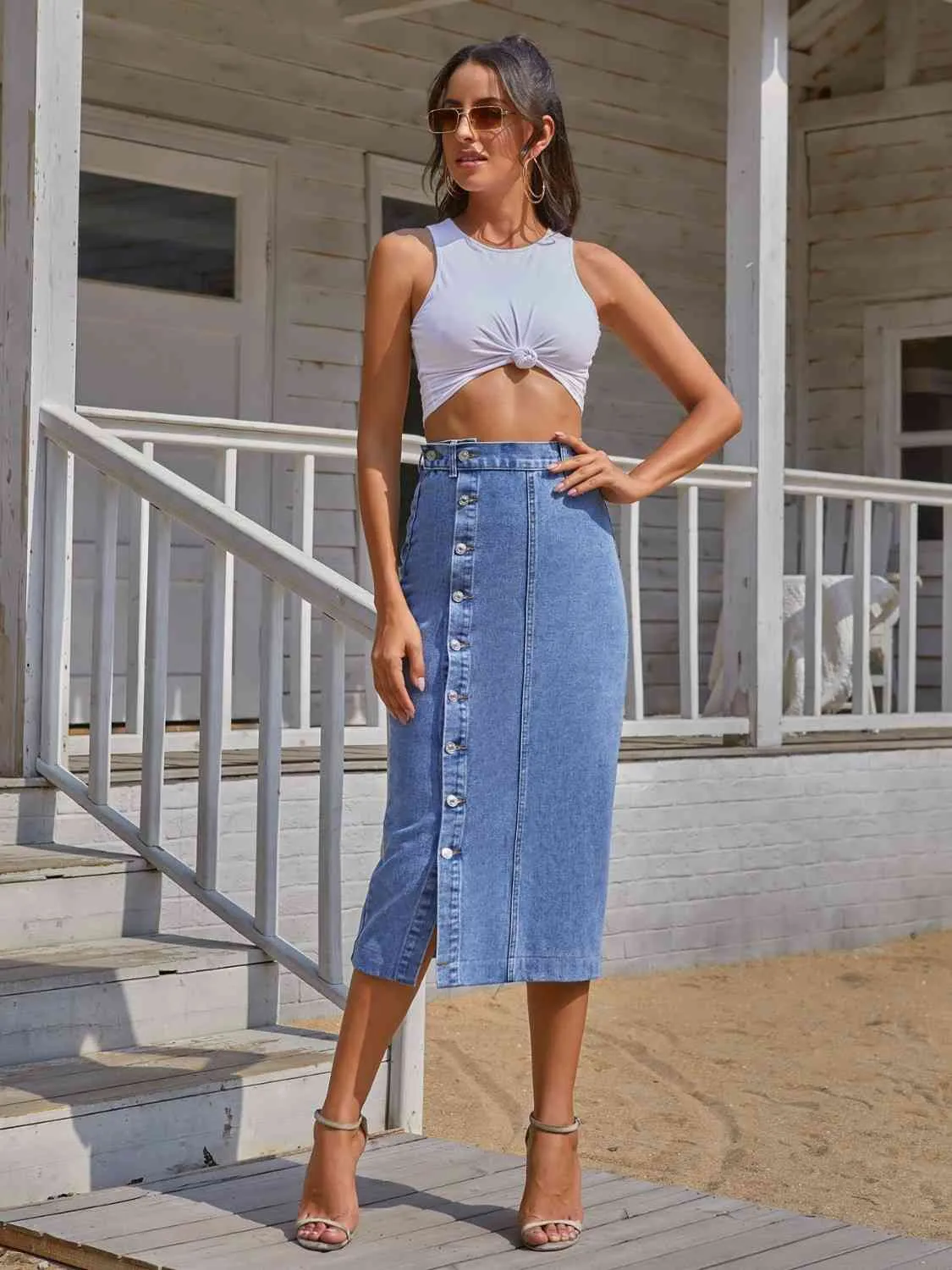 Button Down Denim Skirt sold by The Barefoot Brunette Boutique product image thumbnail 3