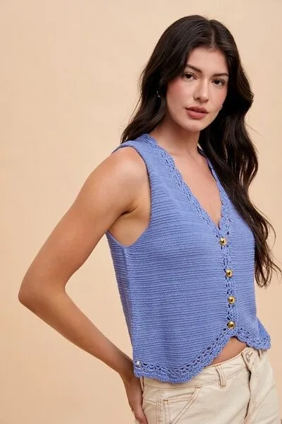 Annie Wear Crochet Trim Button Down Sweater Vest sold by The Barefoot Brunette Boutique product image thumbnail 2