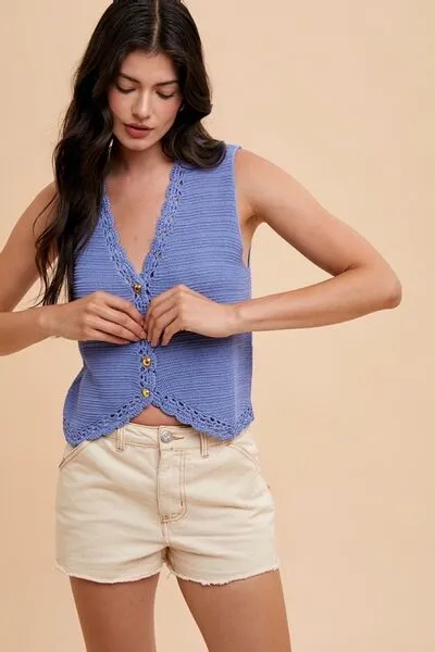 Annie Wear Crochet Trim Button Down Sweater Vest sold by The Barefoot Brunette Boutique product image thumbnail 3
