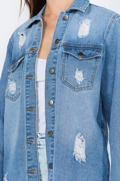 American Bazi Distressed Frayed Hem Denim Jacket sold by The Barefoot Brunette Boutique product image thumbnail 5
