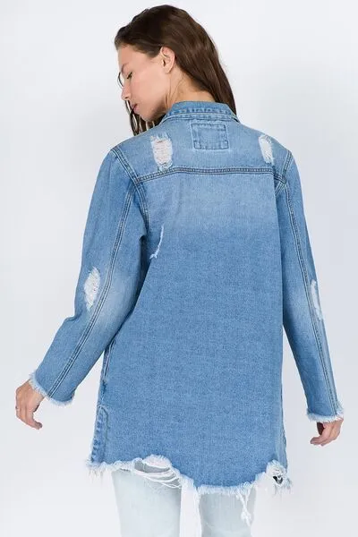 American Bazi Distressed Frayed Hem Denim Jacket sold by The Barefoot Brunette Boutique product image thumbnail 2
