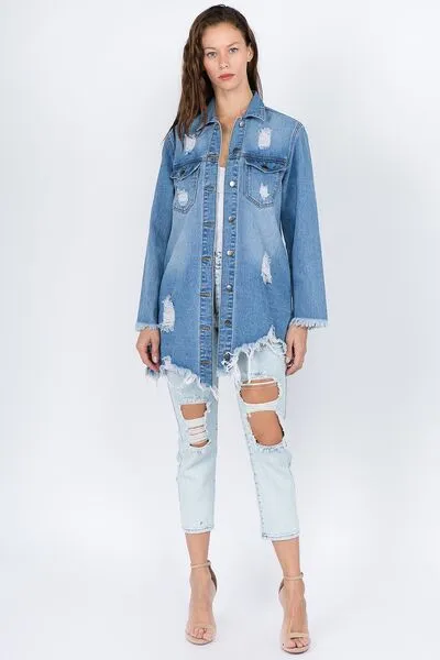 American Bazi Distressed Frayed Hem Denim Jacket sold by The Barefoot Brunette Boutique product image thumbnail 4
