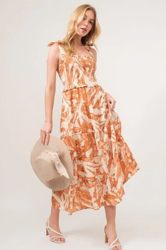 And The Why Tie Shoulder Smocked Midi Tiered Dress sold by The Barefoot Brunette Boutique