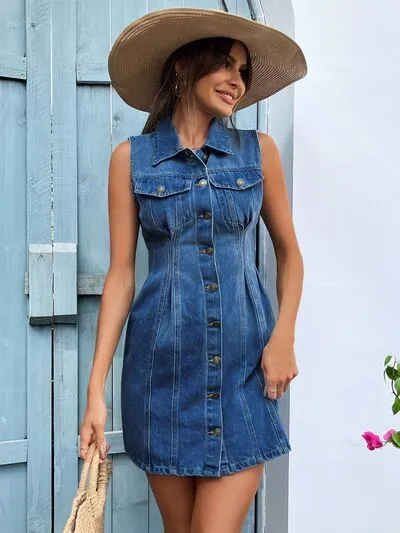 Pocketed Button Up Sleeveless Denim Dress sold by The Barefoot Brunette Boutique product image thumbnail 4