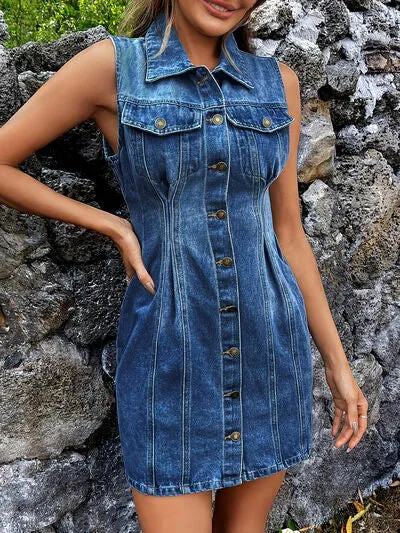 Pocketed Button Up Sleeveless Denim Dress sold by The Barefoot Brunette Boutique product image thumbnail 5
