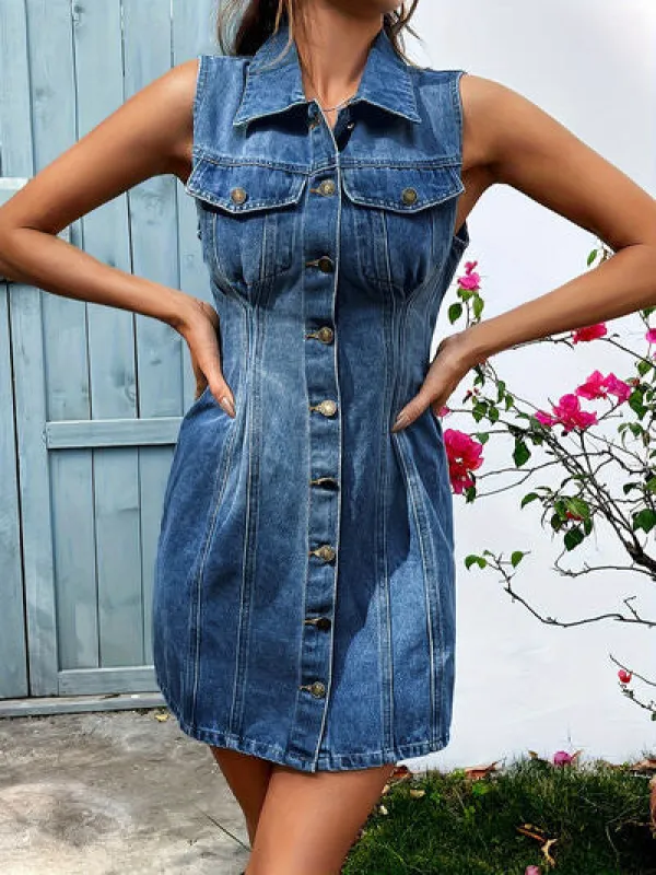 Pocketed Button Up Sleeveless Denim Dress sold by The Barefoot Brunette Boutique