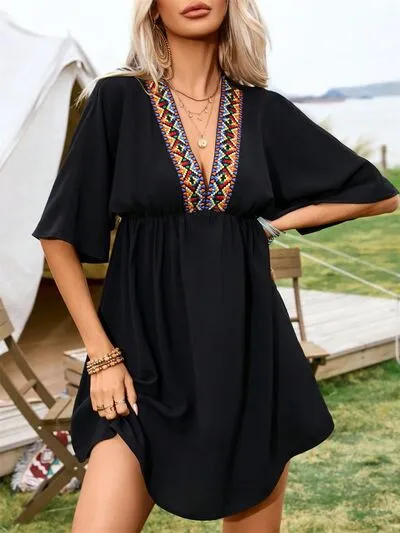 Embroidered Plunge Half Sleeve Mini Dress sold by The Barefoot Brunette Boutique product image thumbnail 3