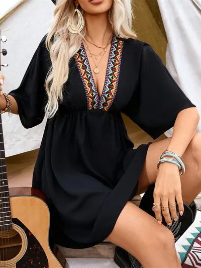 Embroidered Plunge Half Sleeve Mini Dress sold by The Barefoot Brunette Boutique product image thumbnail 4