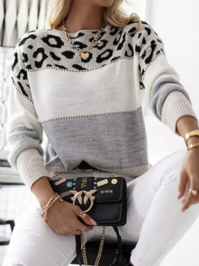 Leopard Color Block Round Neck Long Sleeve Sweater sold by The Barefoot Brunette Boutique product image thumbnail 5