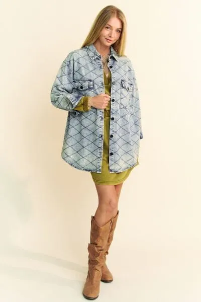 Davi & Dani Curved Hem Diamond Quilted Button Up Denim Shacket sold by The Barefoot Brunette Boutique product image thumbnail 5