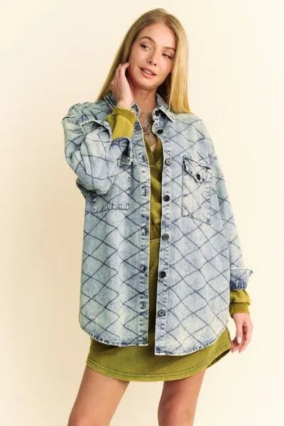 Davi & Dani Curved Hem Diamond Quilted Button Up Denim Shacket sold by The Barefoot Brunette Boutique