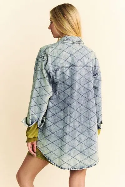 Davi & Dani Curved Hem Diamond Quilted Button Up Denim Shacket sold by The Barefoot Brunette Boutique product image thumbnail 2