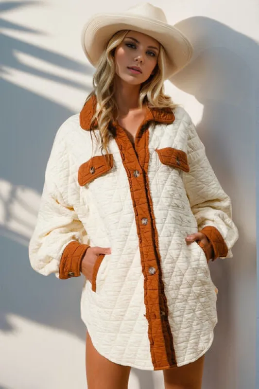 Double Take Full Size Contrast Button Up Quilted Shacket sold by The Barefoot Brunette Boutique