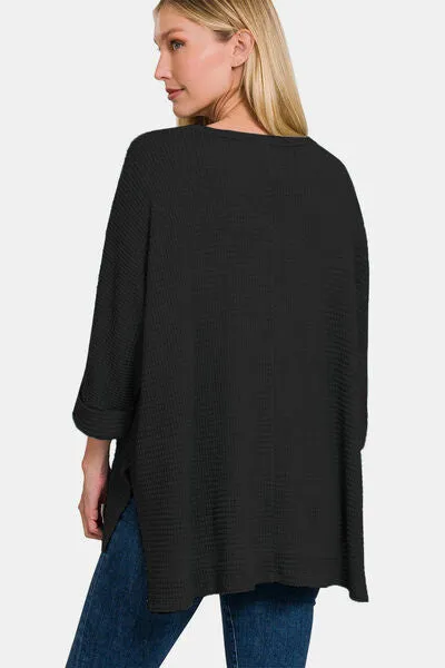 Zenana Full Size Waffle Knit V-Neck Long Sleeve Slit Top sold by The Barefoot Brunette Boutique product image thumbnail 2