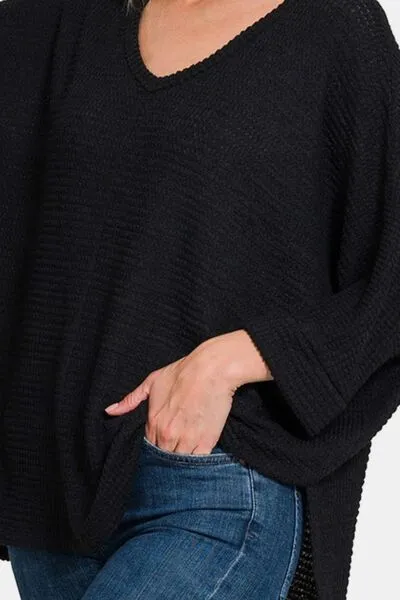 Zenana Full Size Waffle Knit V-Neck Long Sleeve Slit Top sold by The Barefoot Brunette Boutique product image thumbnail 3