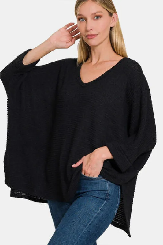 Zenana Full Size Waffle Knit V-Neck Long Sleeve Slit Top sold by The Barefoot Brunette Boutique