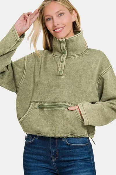 Zenana Acid Wash Fleece Half Snap Sweatshirt with Pocket sold by The Barefoot Brunette Boutique