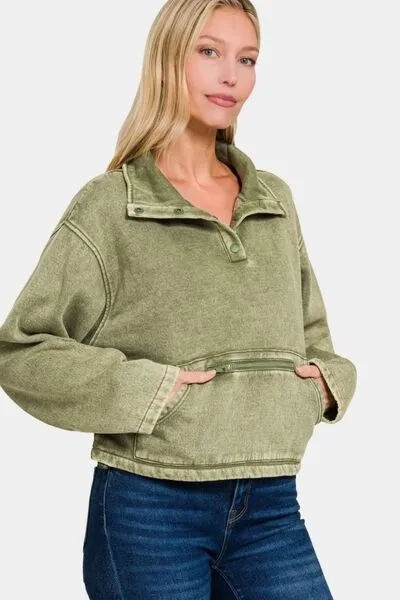 Zenana Acid Wash Fleece Half Snap Sweatshirt with Pocket sold by The Barefoot Brunette Boutique product image thumbnail 3