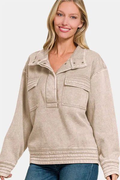 Zenana Acid Washed Half Snap Fleece Sweatshirt sold by The Barefoot Brunette Boutique product image thumbnail 3