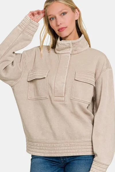 Zenana Acid Washed Half Snap Fleece Sweatshirt sold by The Barefoot Brunette Boutique