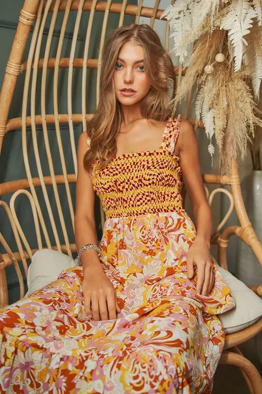 Davi & Dani Multi Smocked Bodice Geo Ruffle Strappy Midi Dress sold by The Barefoot Brunette Boutique product image thumbnail 2