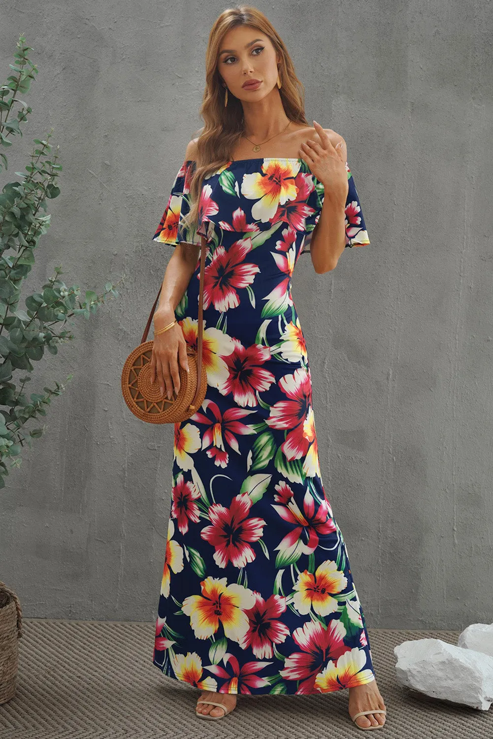 Floral Layered Off-Shoulder Maxi Dress sold by The Barefoot Brunette Boutique