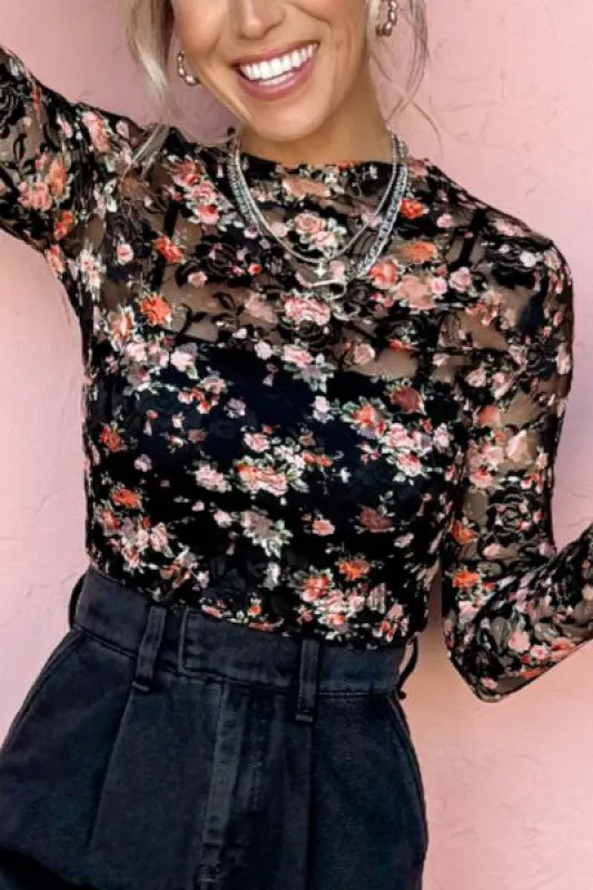 Floral Round Neck Long Sleeve Blouse sold by The Barefoot Brunette Boutique
