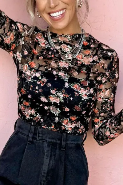 Floral Round Neck Long Sleeve Blouse sold by The Barefoot Brunette Boutique