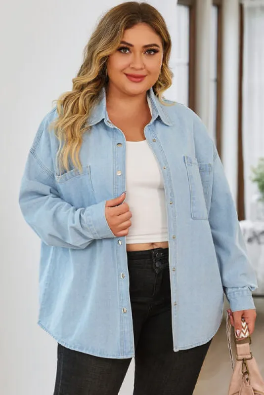 Plus Size Snap Down Pocketed Denim Jacket sold by The Barefoot Brunette Boutique