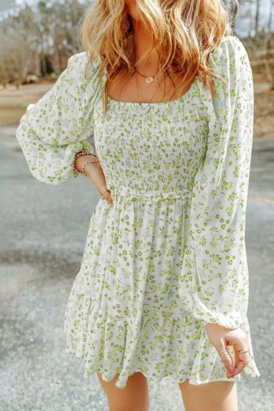 Smocked Floral Square Neck Balloon Sleeve Dress sold by The Barefoot Brunette Boutique