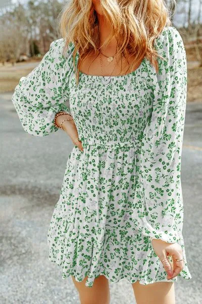 Smocked Floral Square Neck Balloon Sleeve Dress sold by The Barefoot Brunette Boutique product image thumbnail 4
