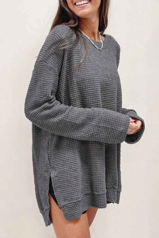 Waffle Knit Drop Sleeve Side Slits Oversized Top sold by The Barefoot Brunette Boutique product image thumbnail 4
