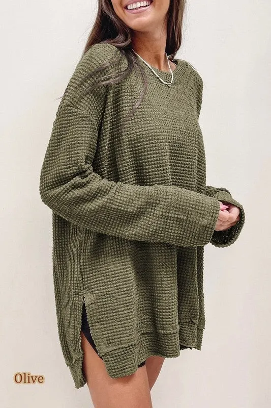 Waffle Knit Drop Sleeve Side Slits Oversized Top sold by The Barefoot Brunette Boutique