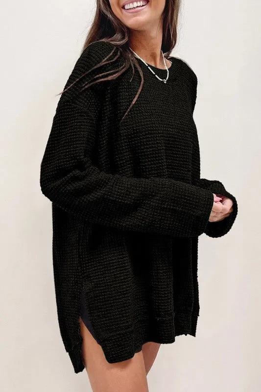Waffle Knit Drop Sleeve Side Slits Oversized Top sold by The Barefoot Brunette Boutique product image thumbnail 5