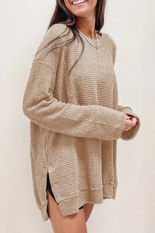 Waffle Knit Drop Sleeve Side Slits Oversized Top sold by The Barefoot Brunette Boutique product image thumbnail 3