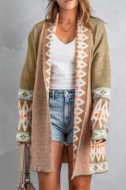 Aztec Print Open Front Knitted Cardigan sold by The Barefoot Brunette Boutique